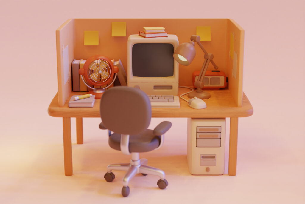 retro computer desk arrangement